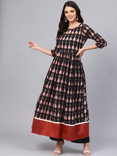 Black Printed Cotton Floor Length Anarkali Kurta