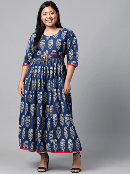 Plus Size Royal Blue Printed Floor Length Anarkali -  world