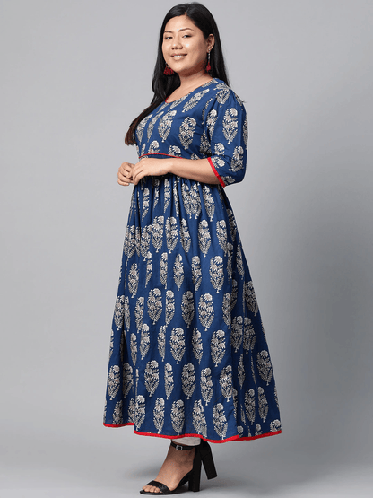 Plus Size Royal Blue Printed Floor Length Anarkali -  world
