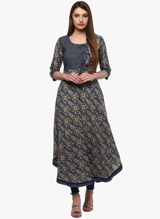  Blue And Grey Cotton Anarkali -  world
