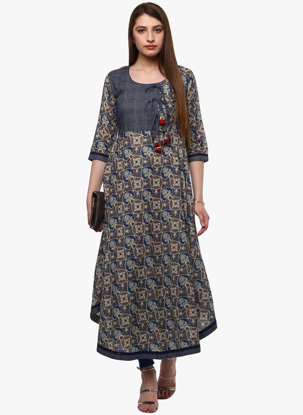  Blue And Grey Cotton Anarkali -  world
