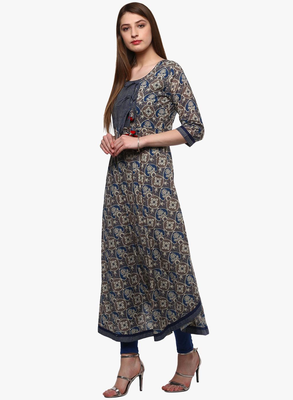  Blue And Grey Cotton Anarkali -  world