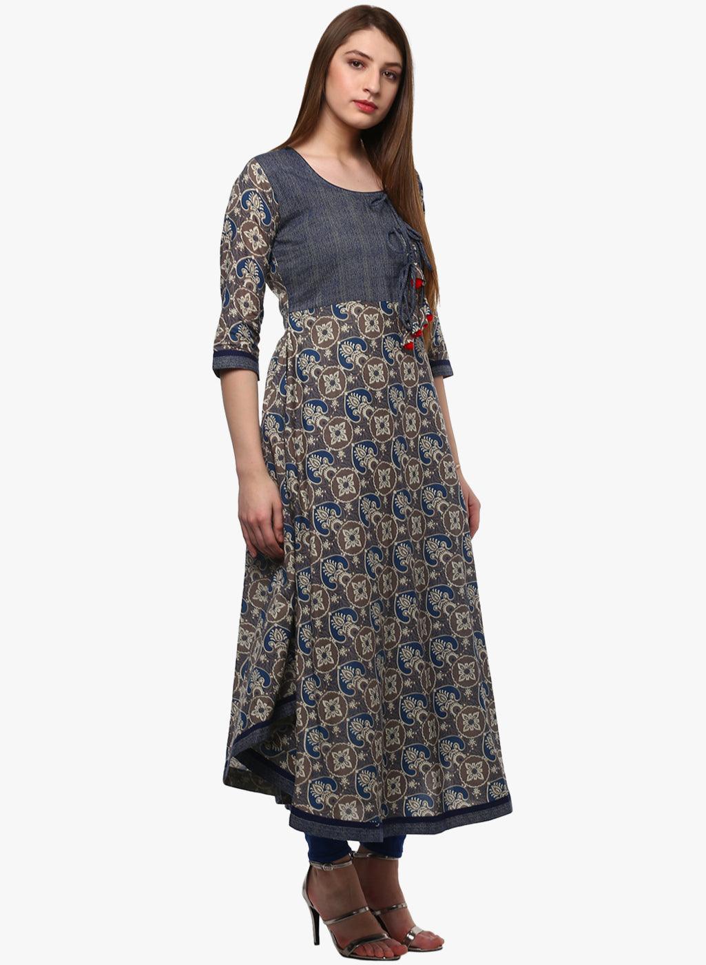  Blue And Grey Cotton Anarkali -  world