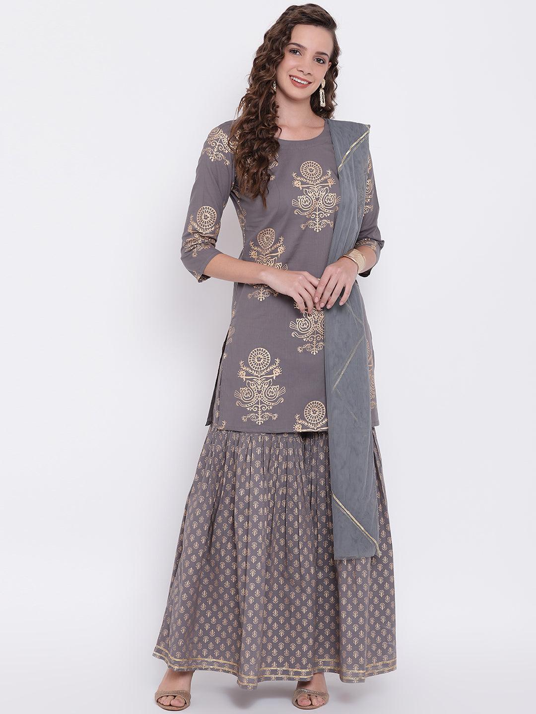  Grey Foil Print Cotton Sharara Set with Net Dupatta -  world