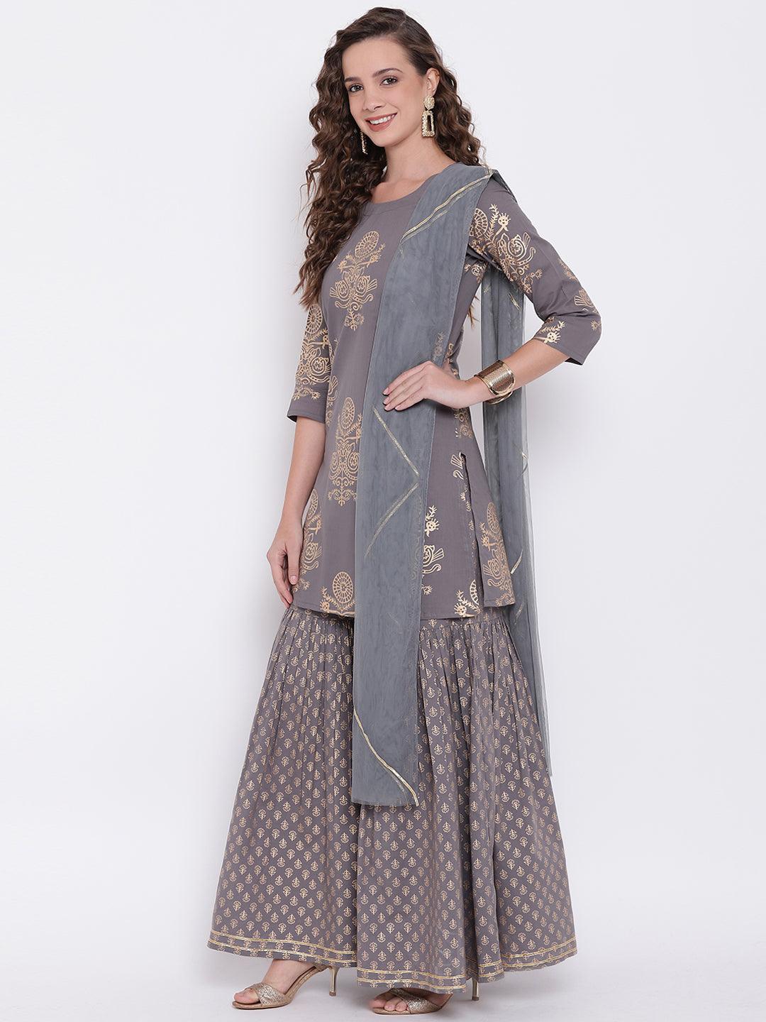  Grey Foil Print Cotton Sharara Set with Net Dupatta -  world