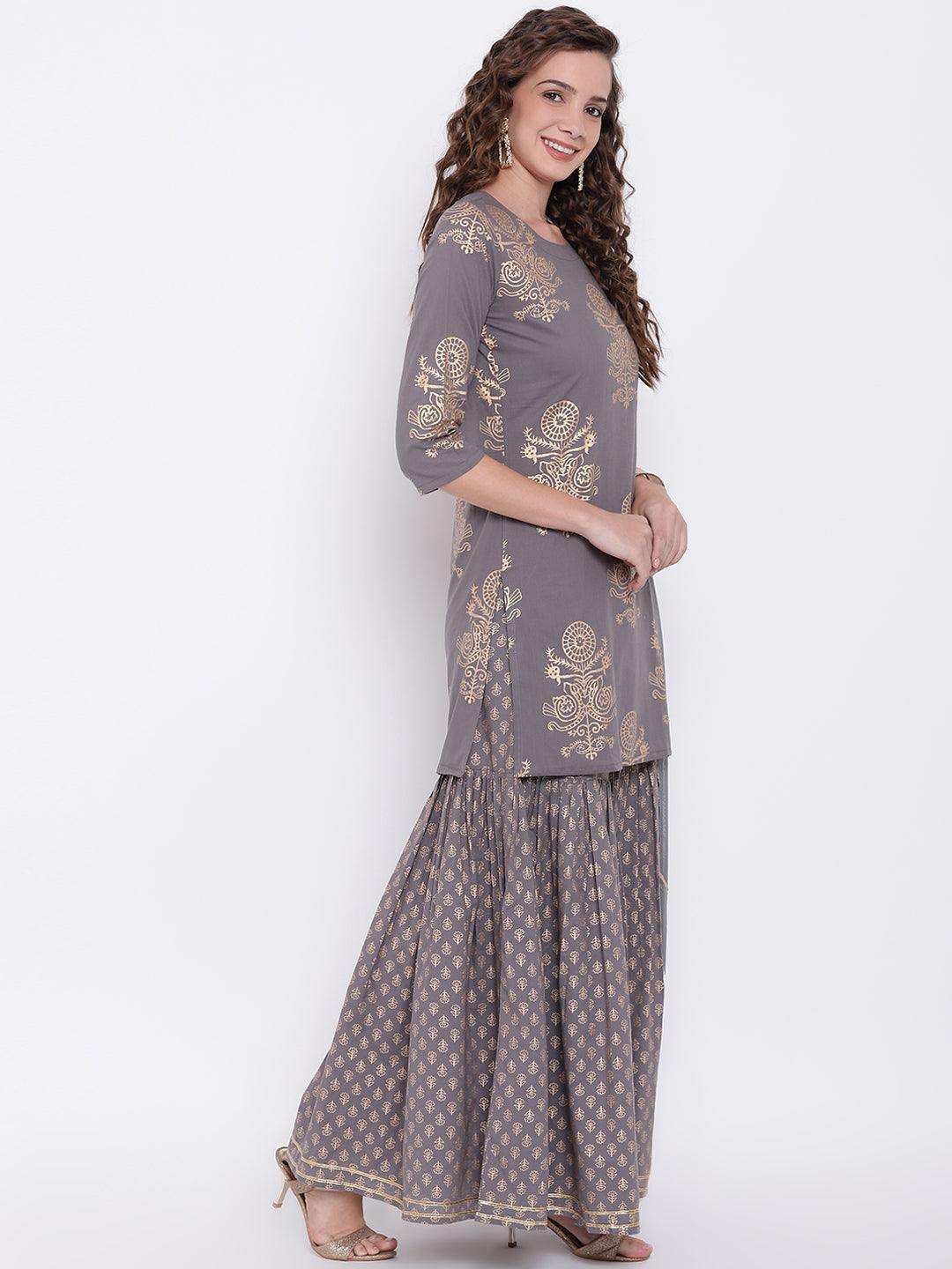  Grey Foil Print Cotton Sharara Set with Net Dupatta -  world