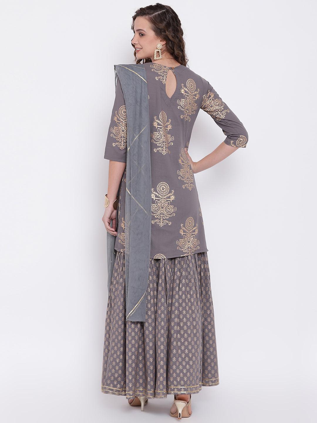  Grey Foil Print Cotton Sharara Set with Net Dupatta -  world