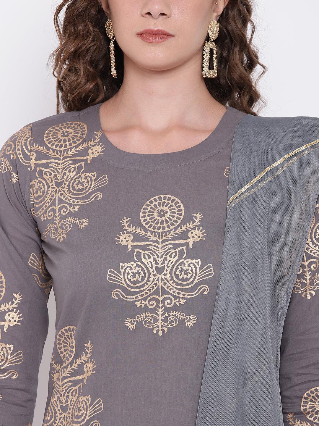  Grey Foil Print Cotton Sharara Set with Net Dupatta -  world