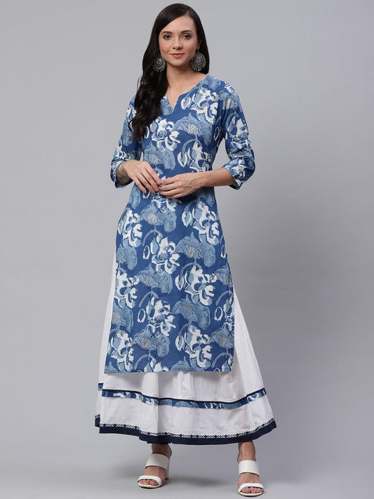  Blue Cotton Kurta With Mulmul Sharara -  world