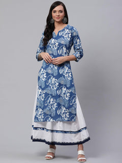 Blue Cotton Kurta With Mulmul Sharara