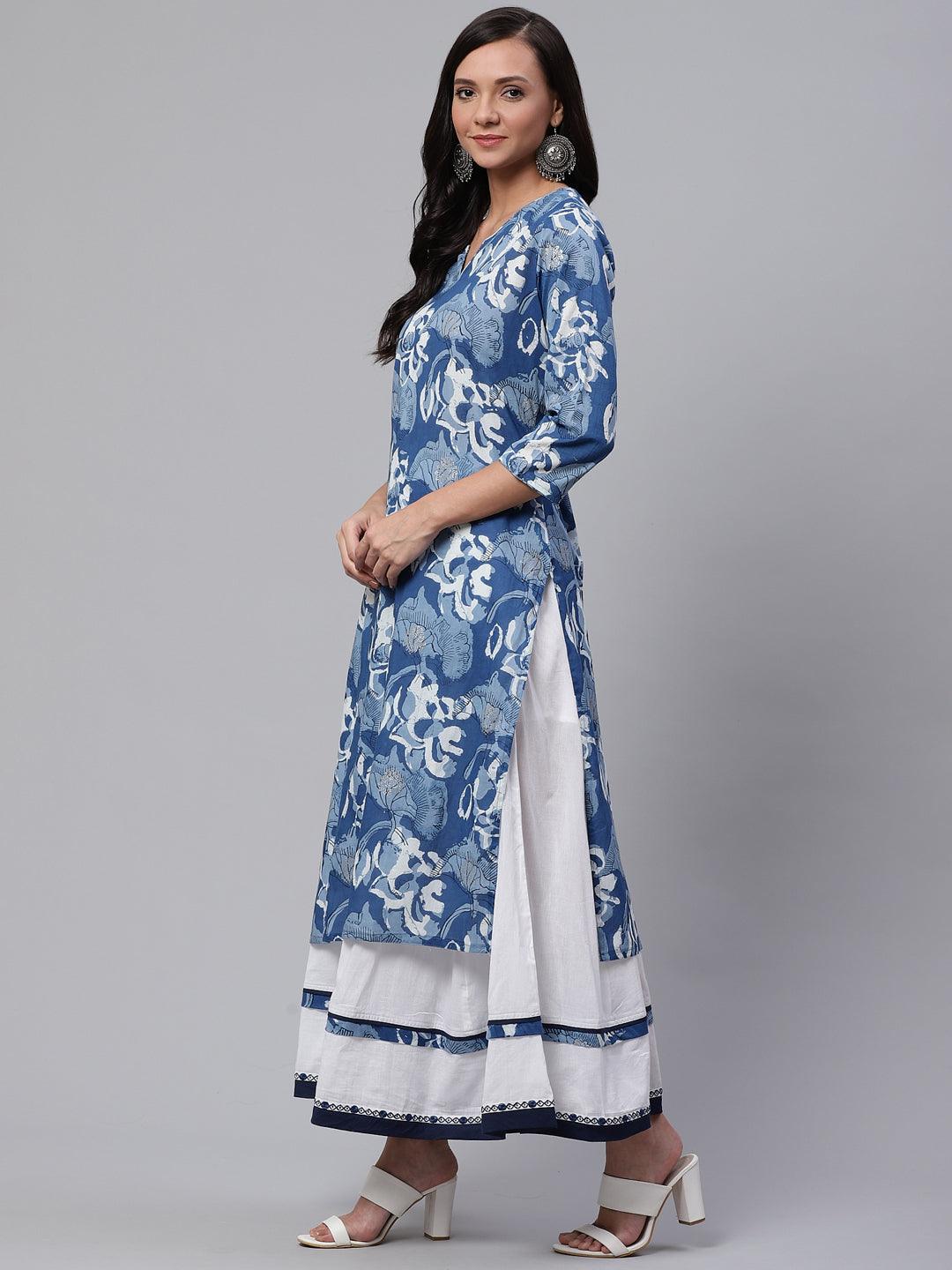  Blue Cotton Kurta With Mulmul Sharara -  world