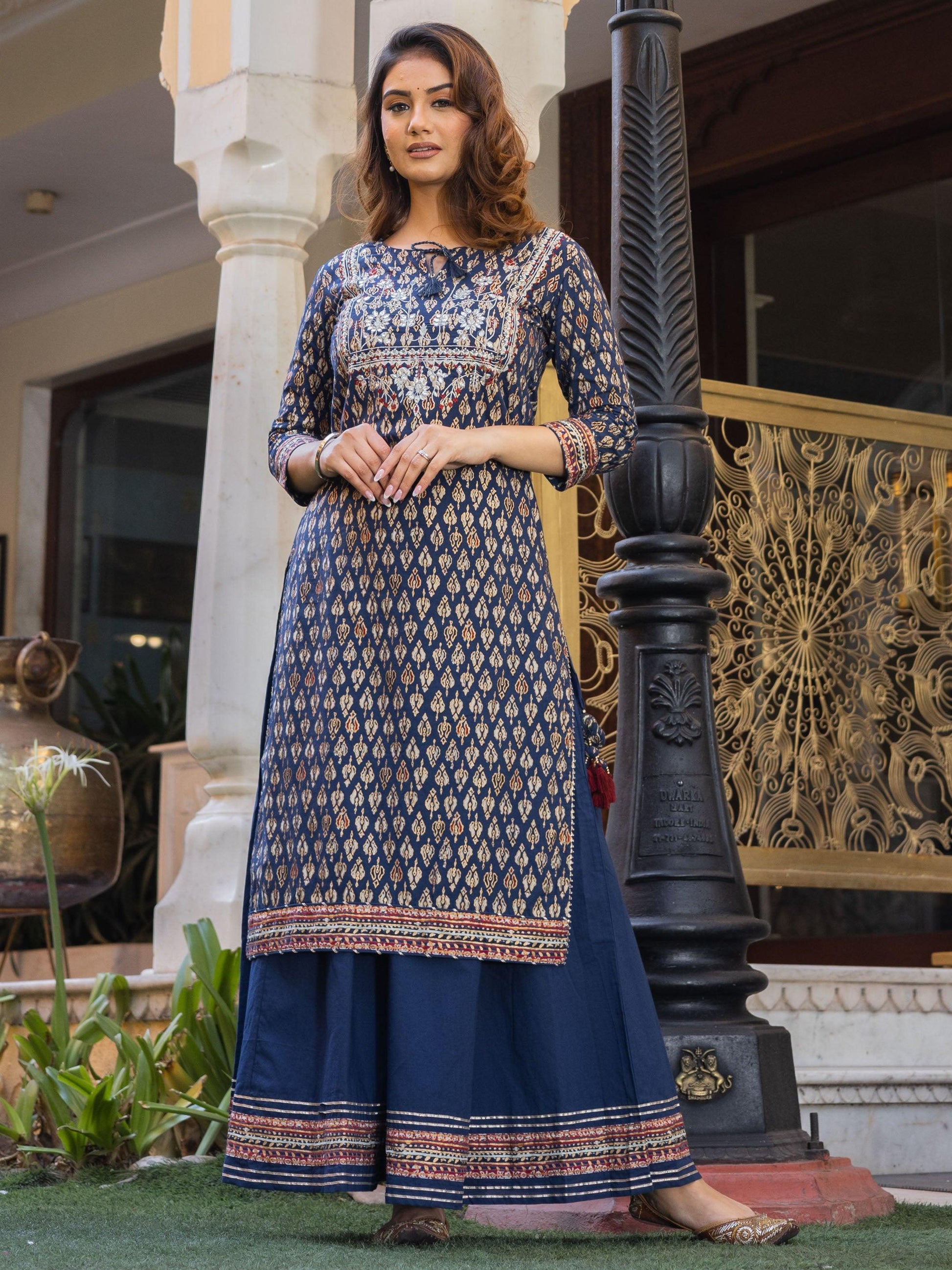  Navy Blue Cotton Gota Patti Palazzo Set - world.com