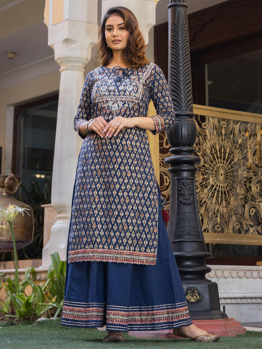  Navy Blue Cotton Gota Patti Palazzo Set - world.com