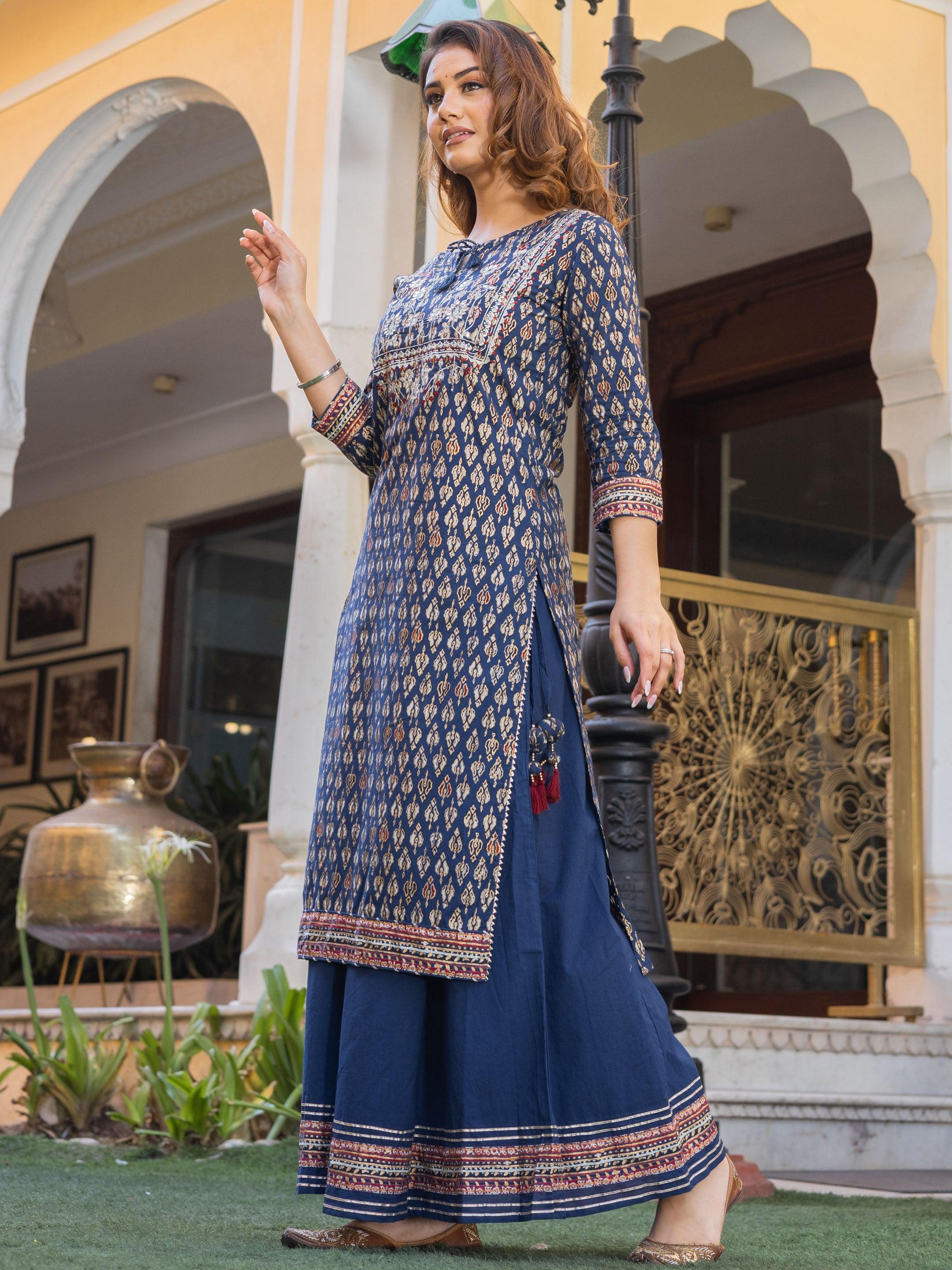  Navy Blue Cotton Gota Patti Palazzo Set - world.com