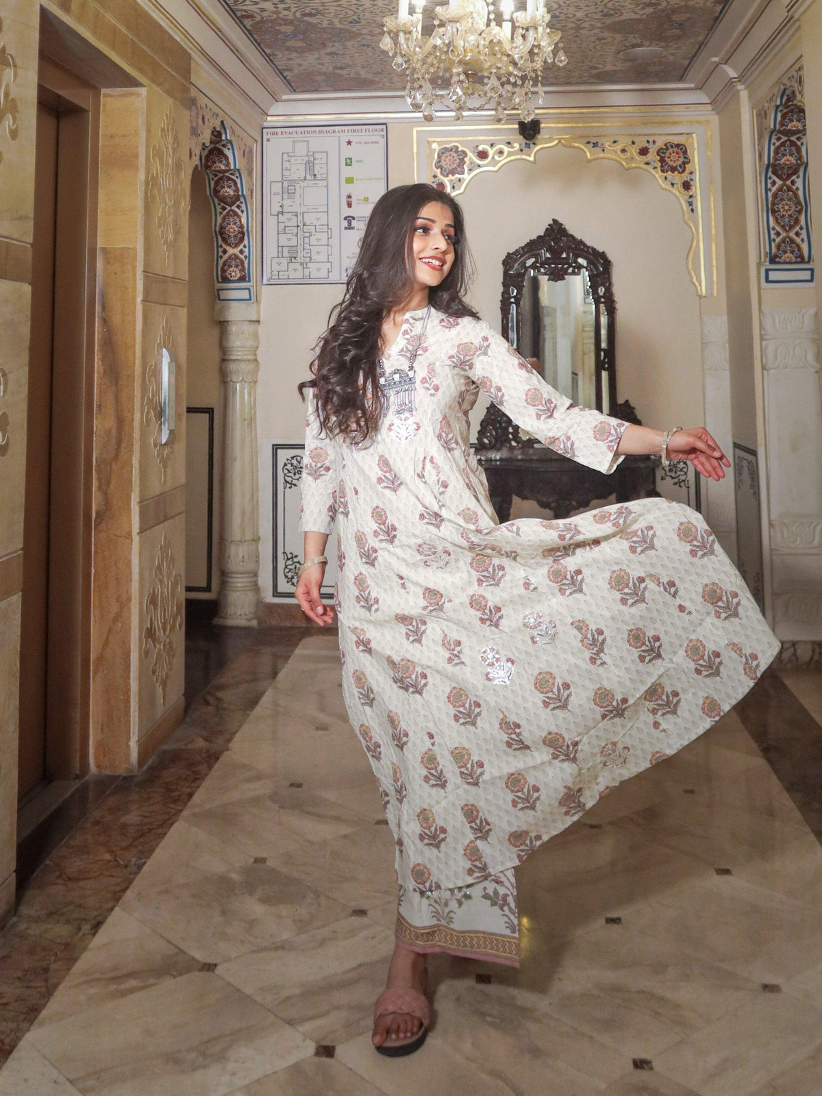  ivory white self print cotton kurti with palazzo set - world.com