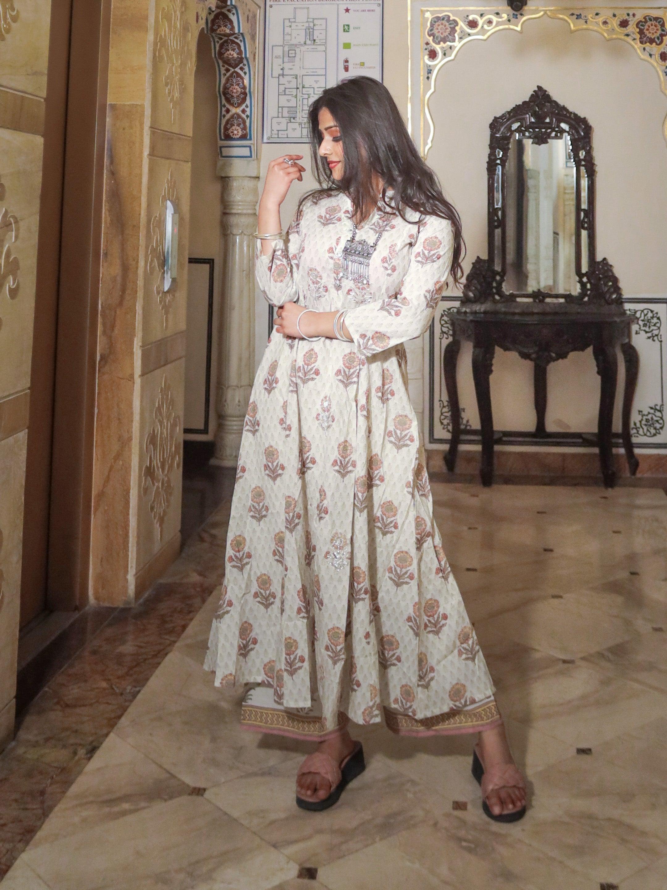  ivory white self print cotton kurti with palazzo set - world.com