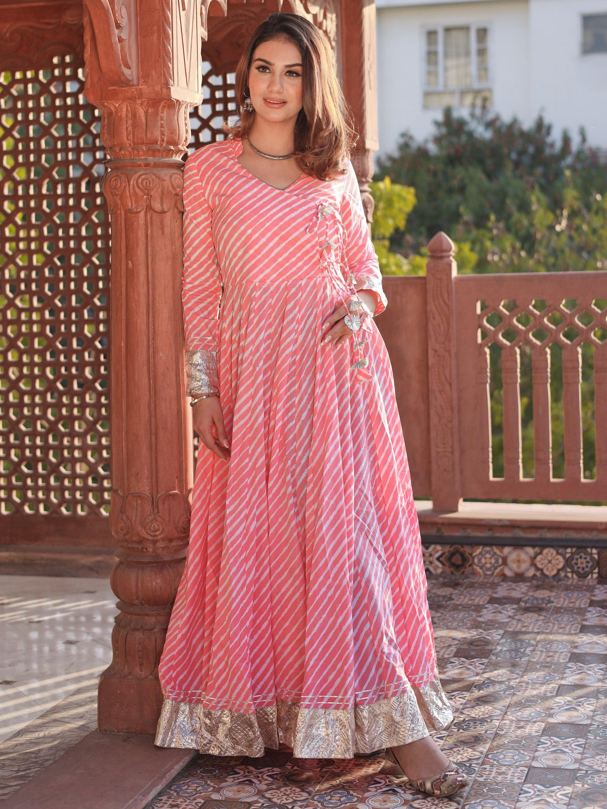  Pink Leheriya Cotton Anarkali With Copper Lace - world.com