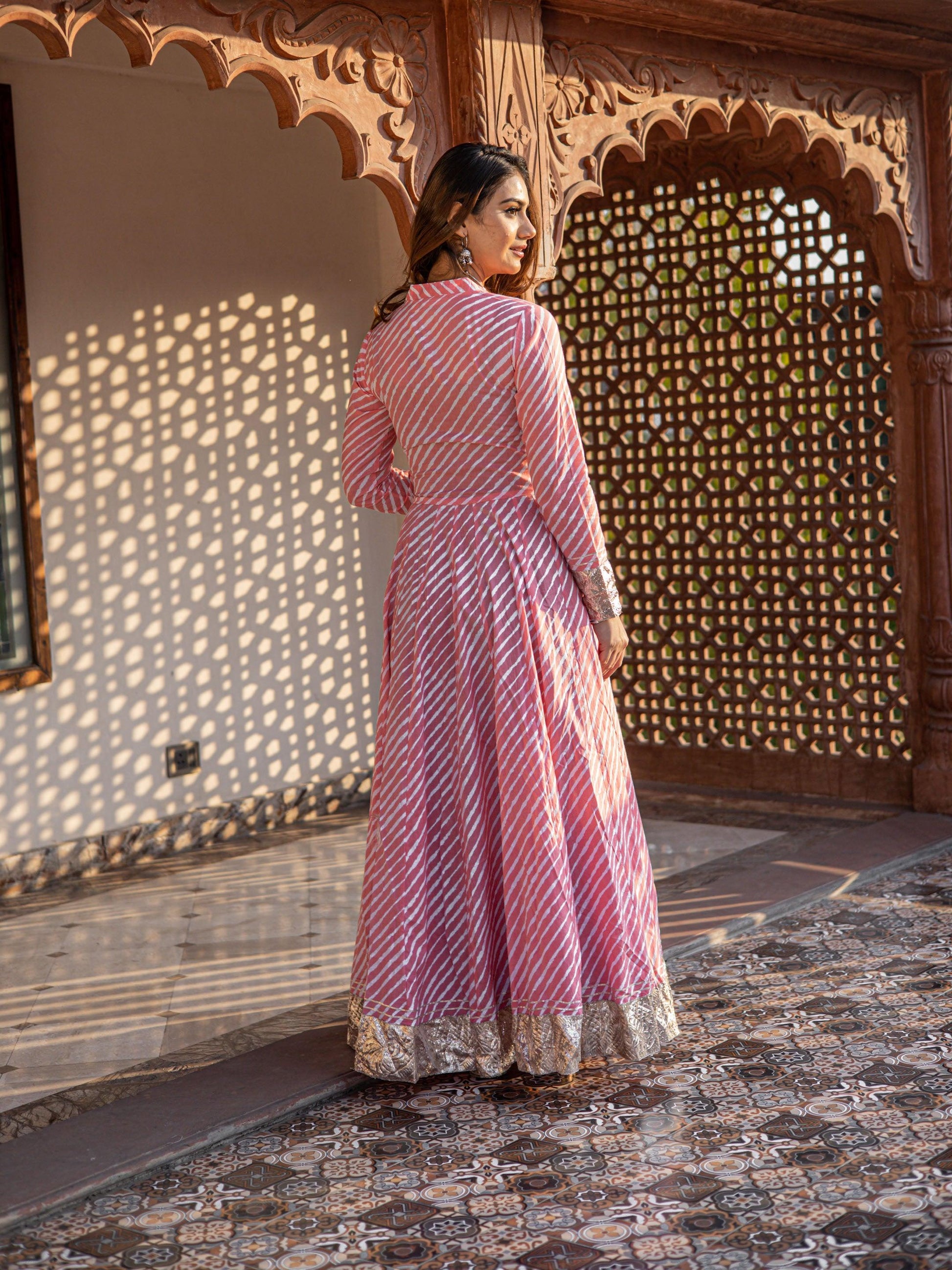  Pink Leheriya Cotton Anarkali With Copper Lace - world.com