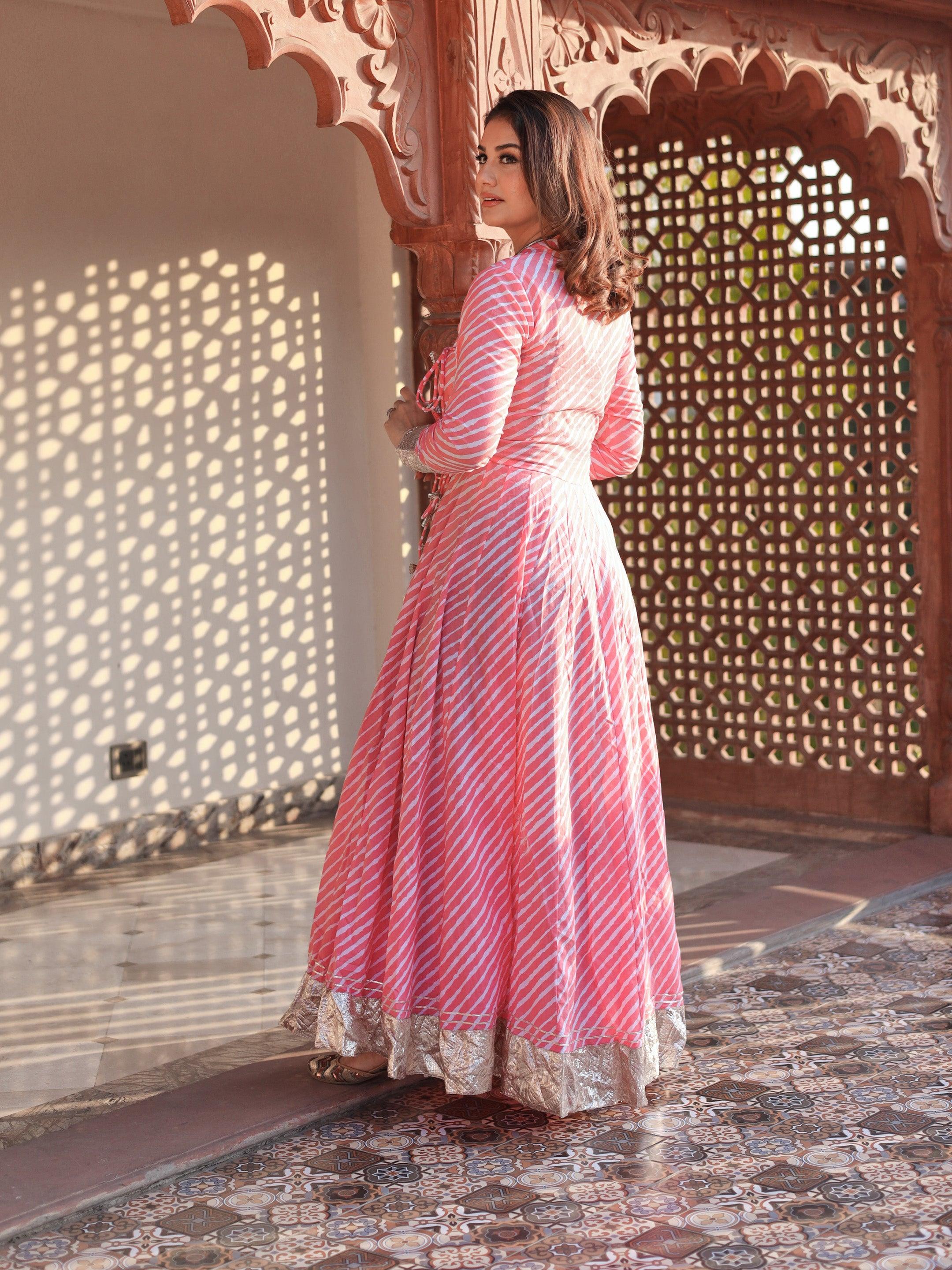  Pink Leheriya Cotton Anarkali With Copper Lace - world.com