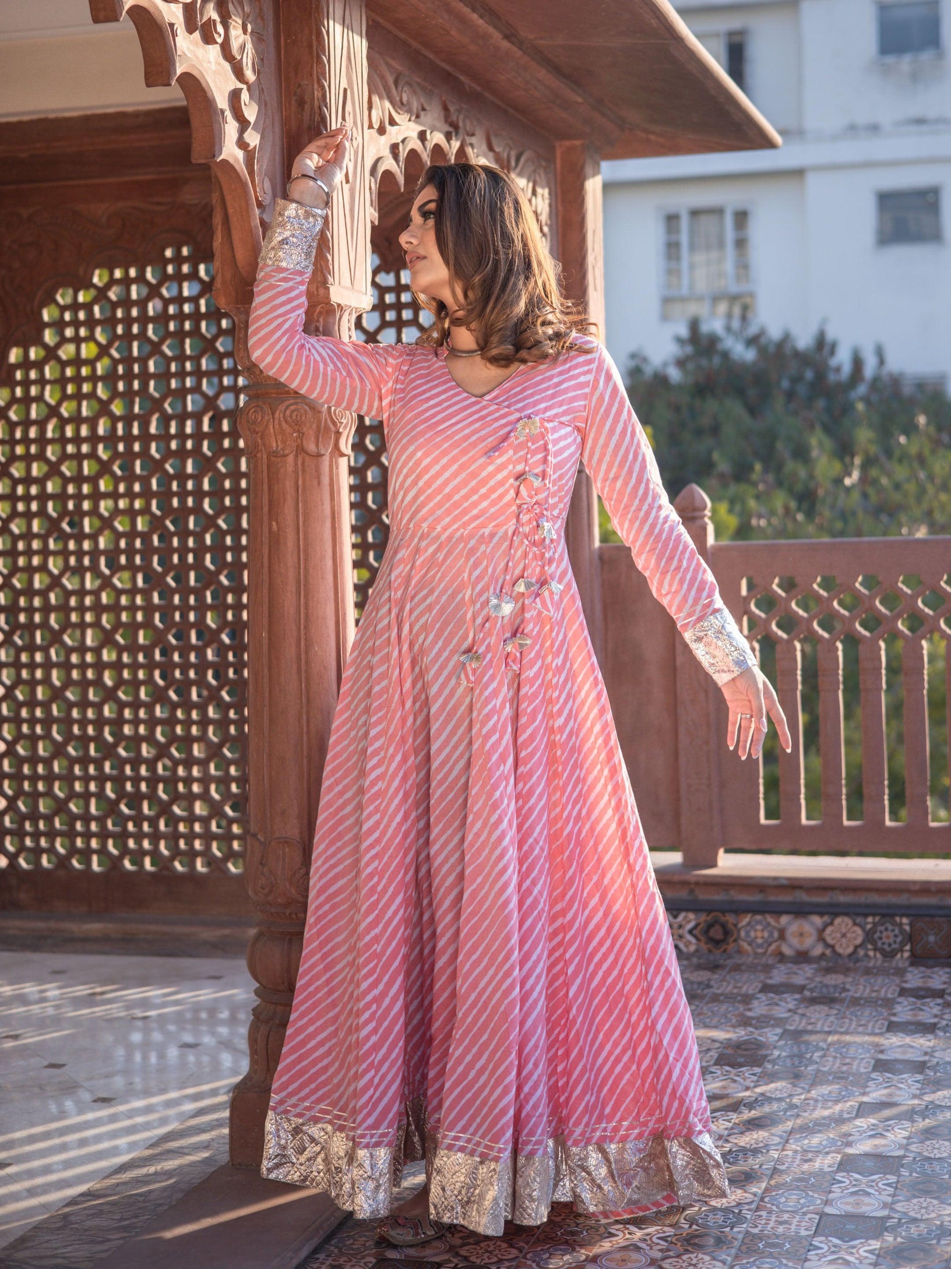  Pink Leheriya Cotton Anarkali With Copper Lace - world.com