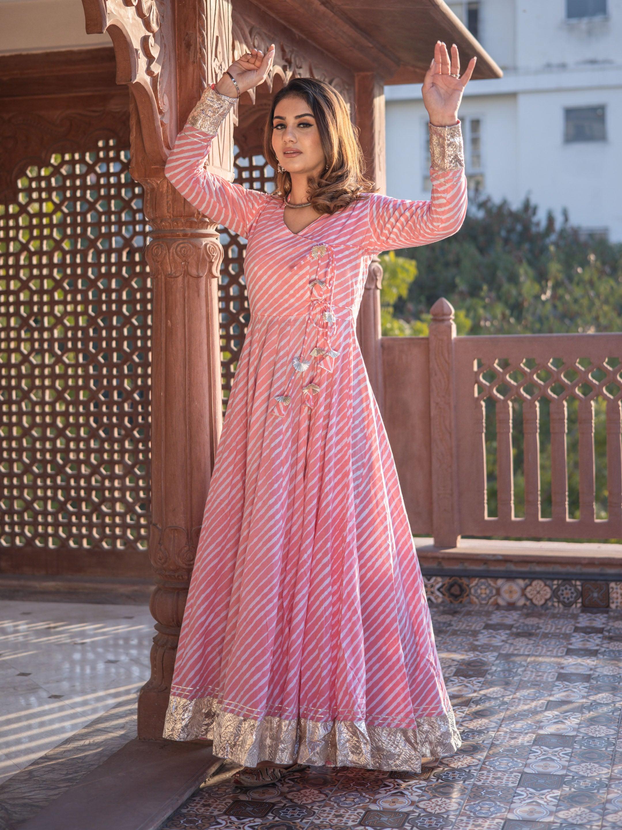  Pink Leheriya Cotton Anarkali With Copper Lace - world.com