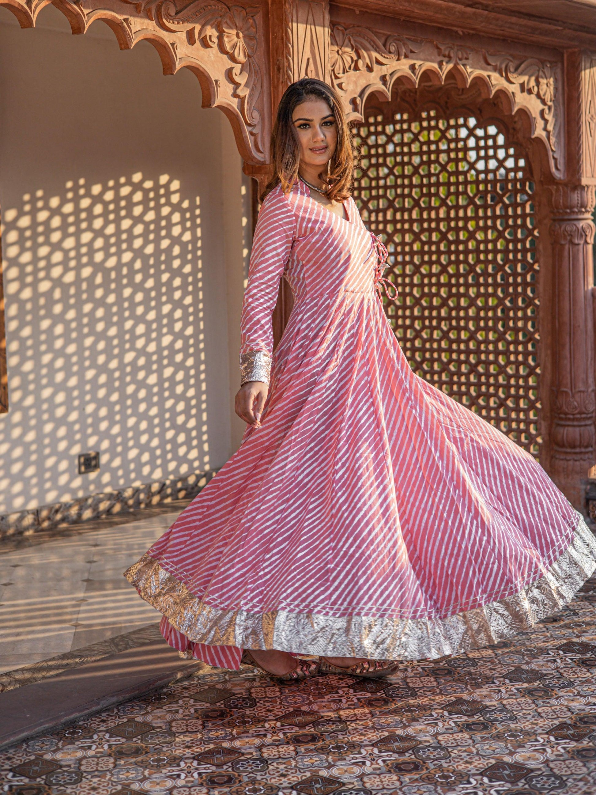  Pink Leheriya Cotton Anarkali With Copper Lace - world.com