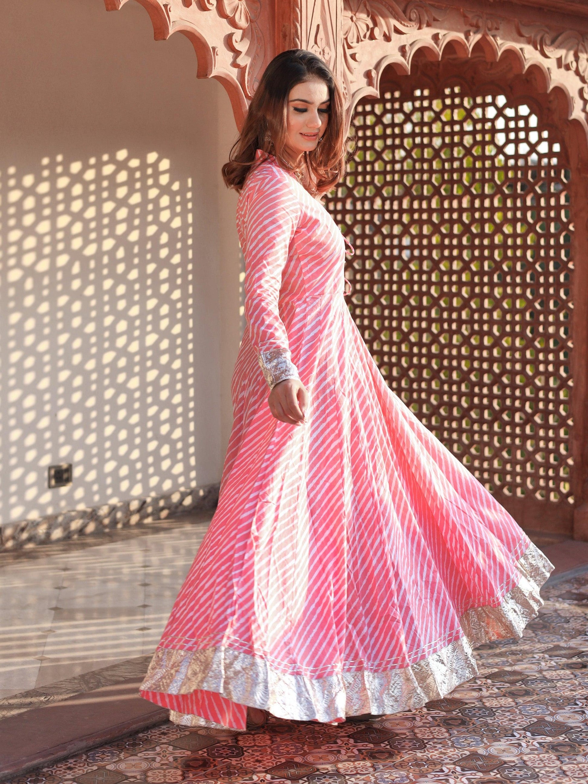  Pink Leheriya Cotton Anarkali With Copper Lace - world.com