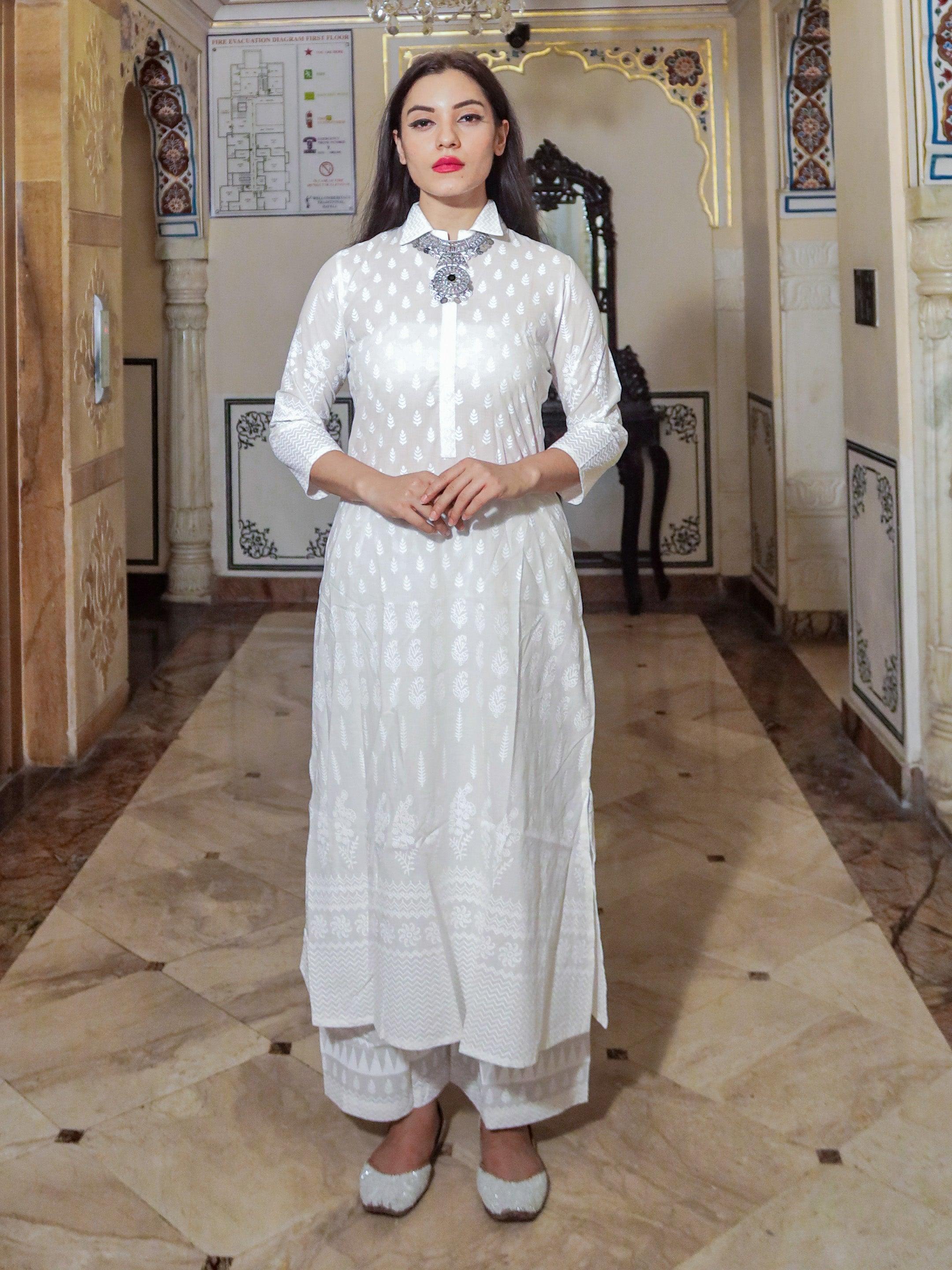  White Printed Cotton Kurti With Palazzo - world.com