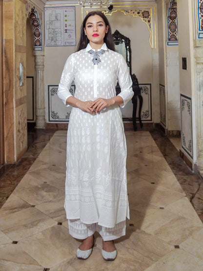  White Printed Cotton Kurti With Palazzo - world.com