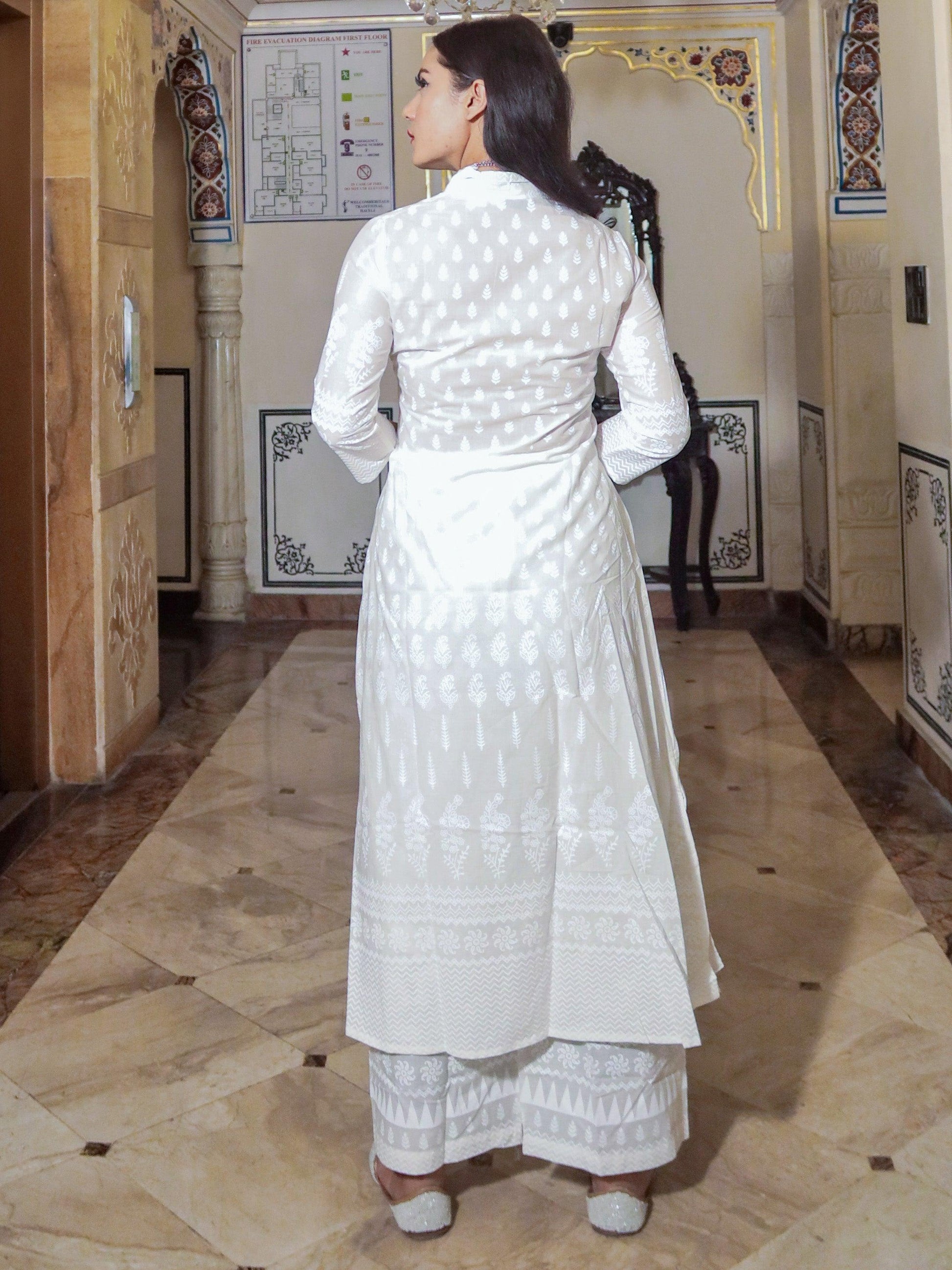  White Printed Cotton Kurti With Palazzo - world.com