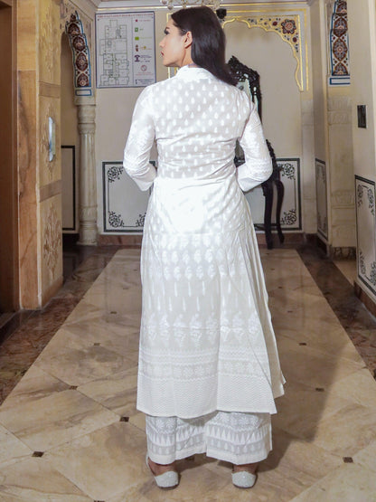  White Printed Cotton Kurti With Palazzo - world.com