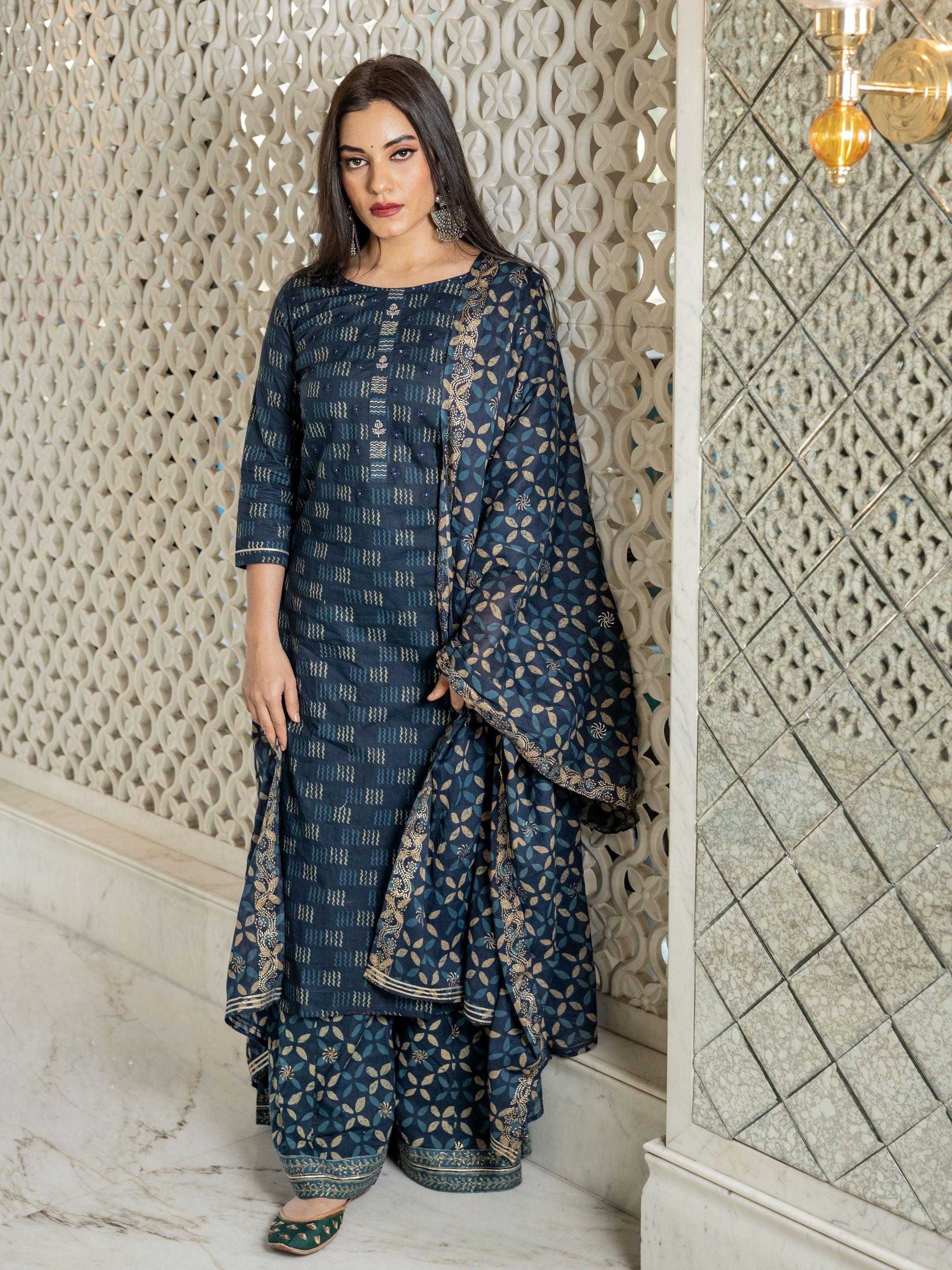  Indigo Kurta Set With Palazzo and Dupatta - world.com