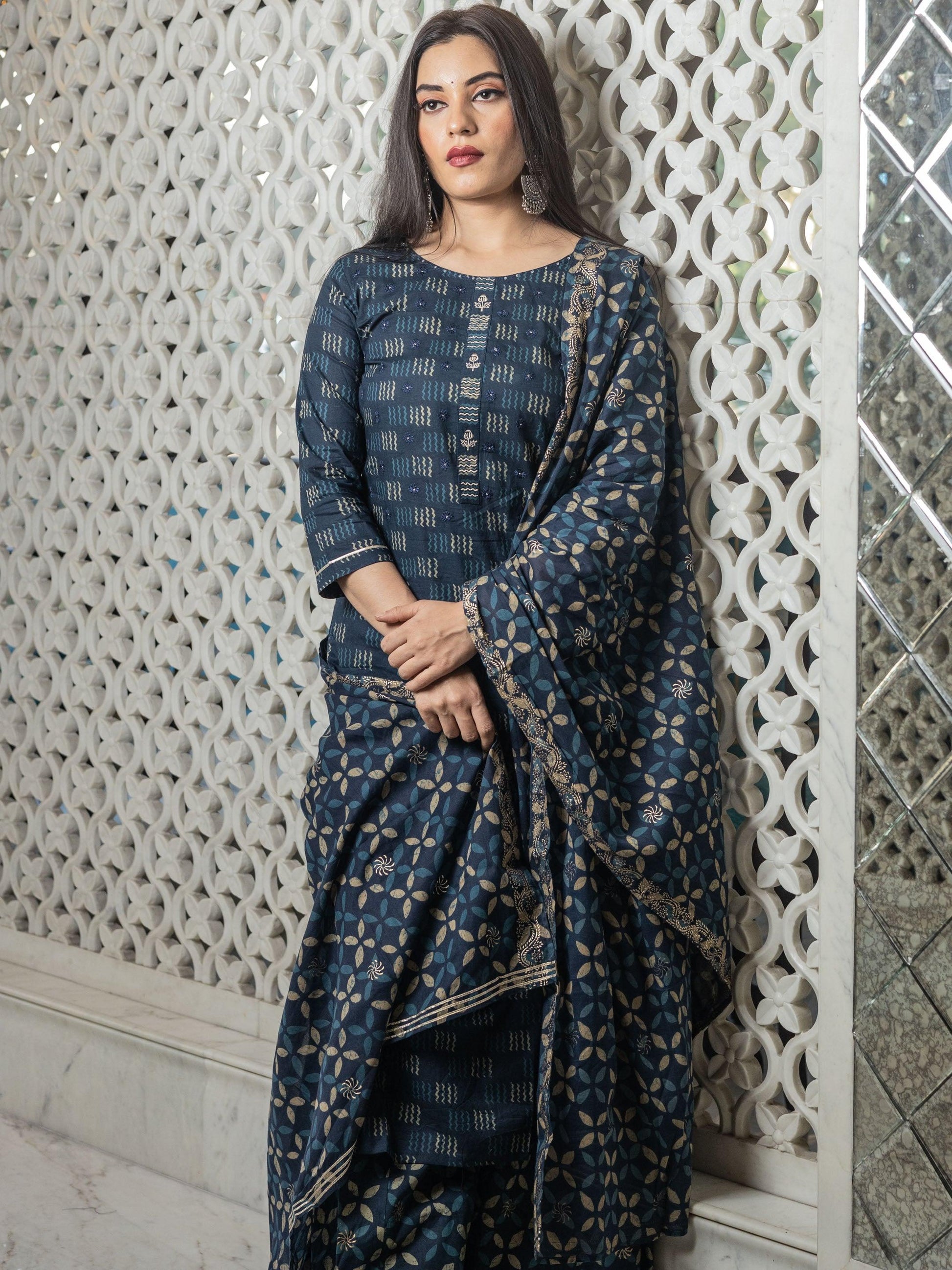  Indigo Kurta Set With Palazzo and Dupatta - world.com