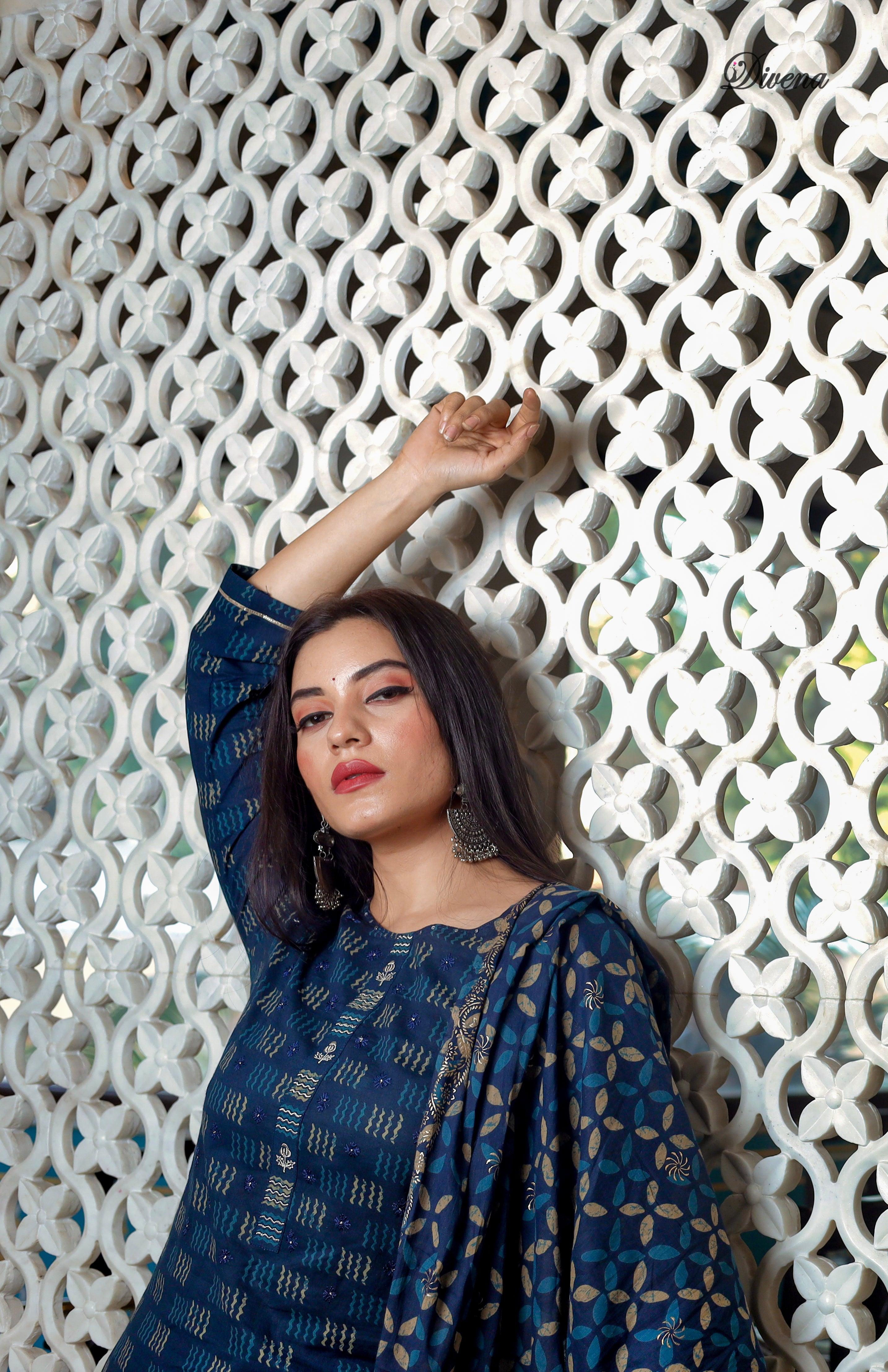  Indigo Kurta Set With Palazzo and Dupatta - world.com