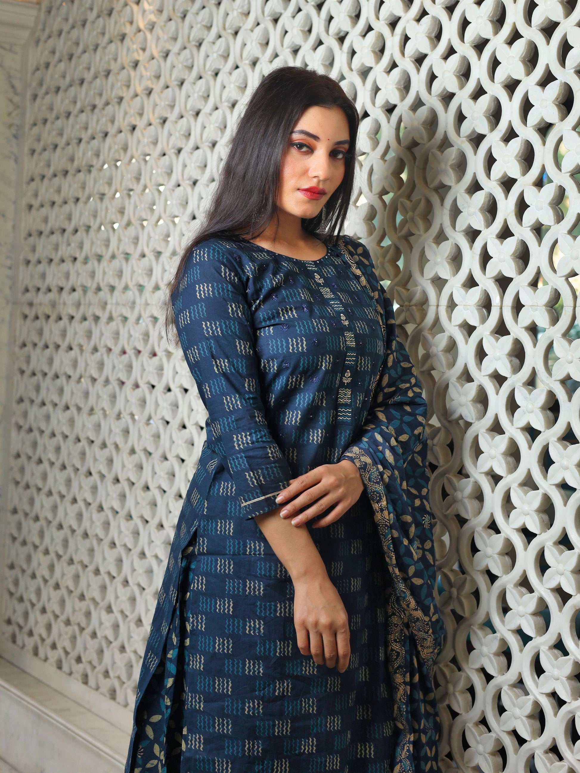  Indigo Kurta Set With Palazzo and Dupatta - world.com