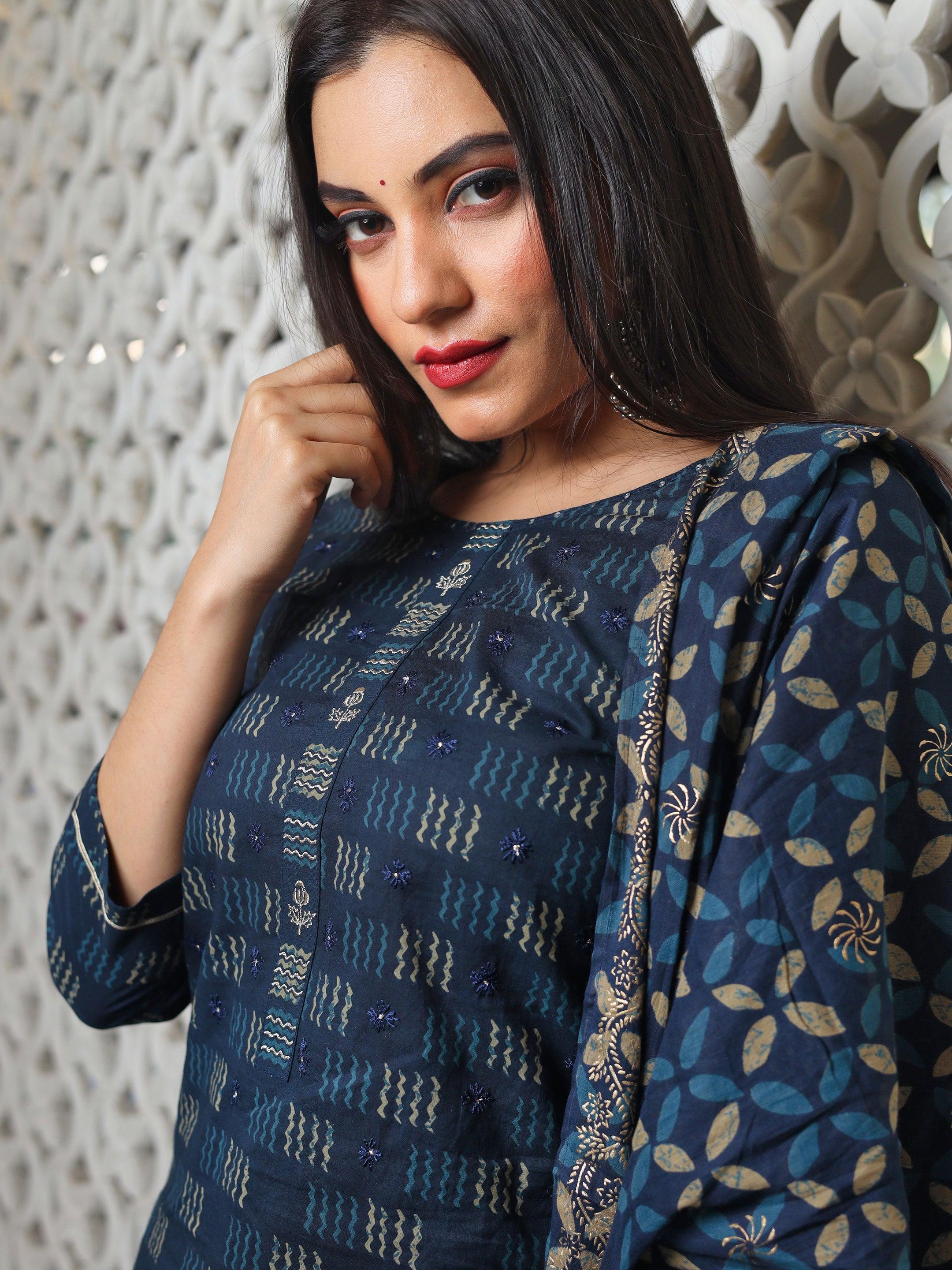  Indigo Kurta Set With Palazzo and Dupatta - world.com