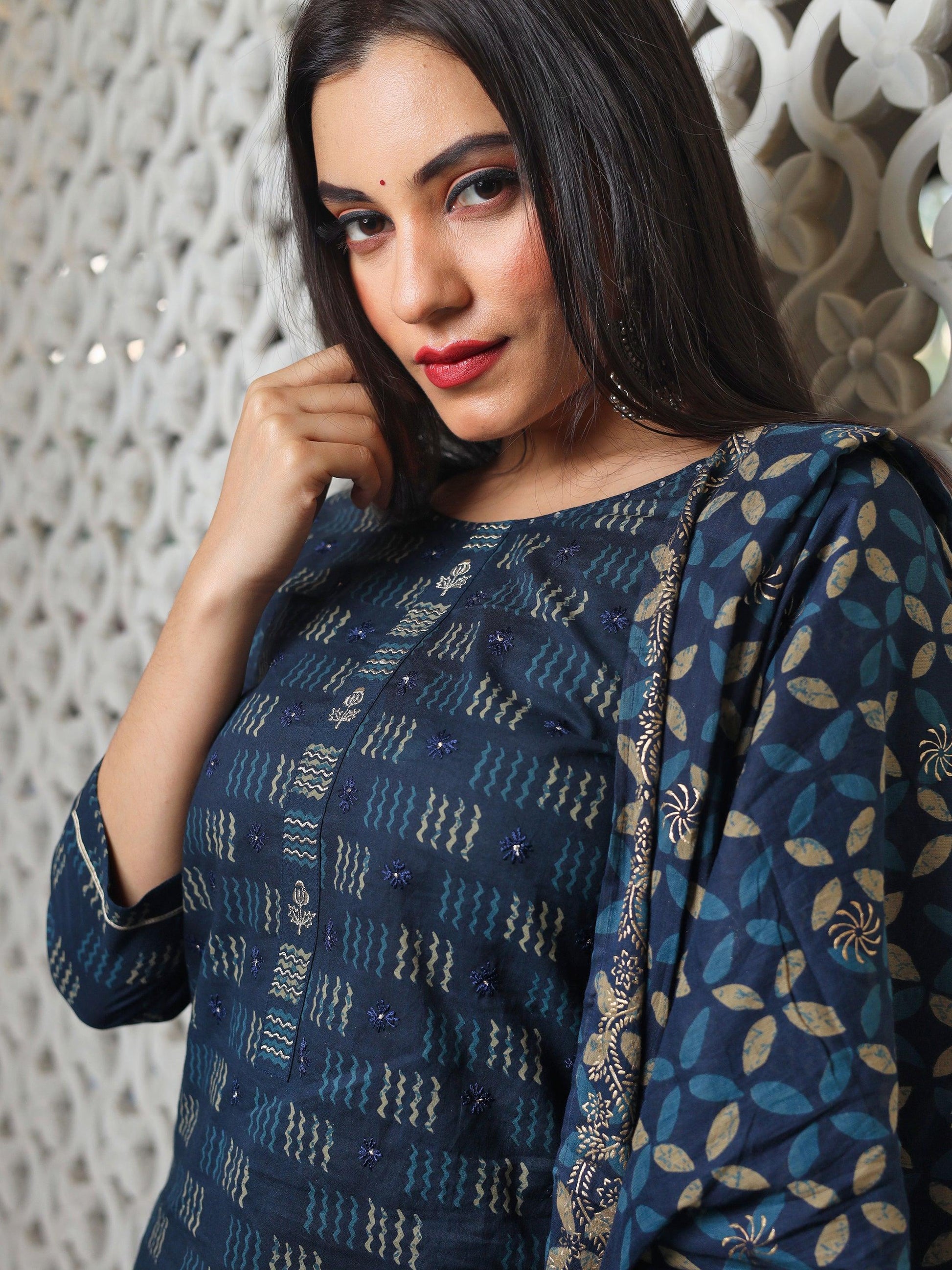  Indigo Kurta Set With Palazzo and Dupatta - world.com