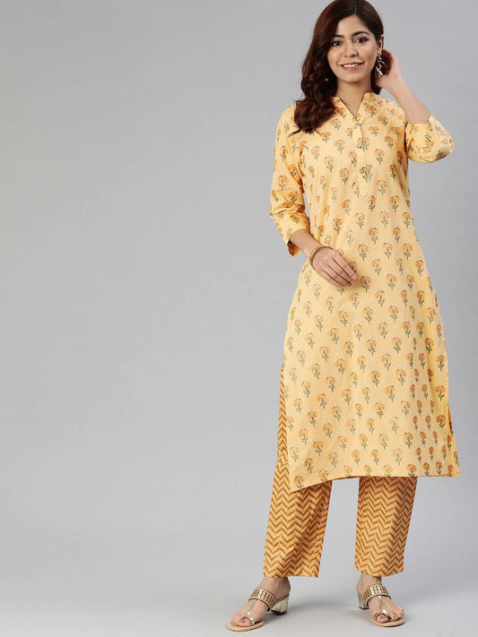  Yellow Flower Print Cotton Kurta Set -  world