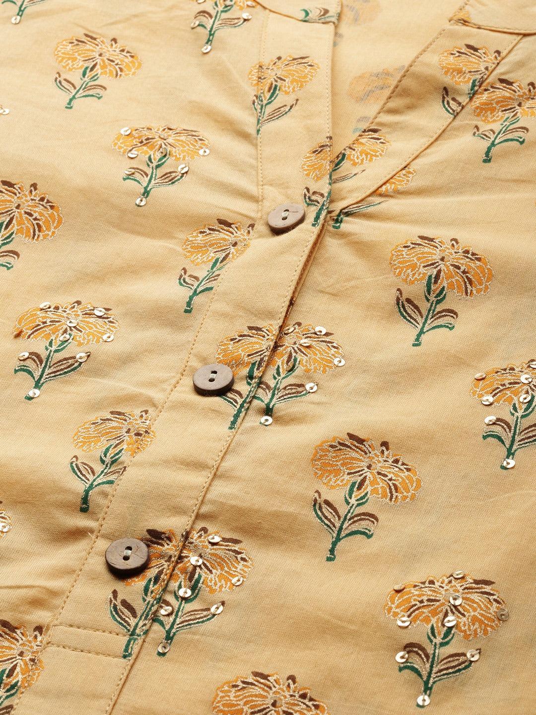  Yellow Flower Print Cotton Kurta Set -  world