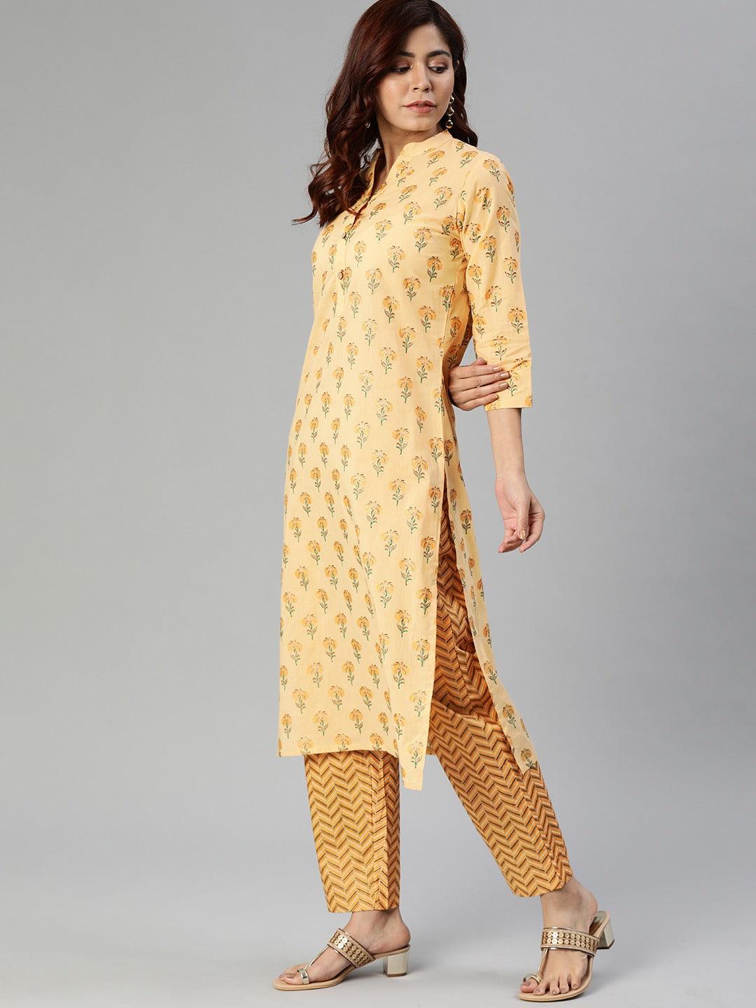  Yellow Flower Print Cotton Kurta Set -  world