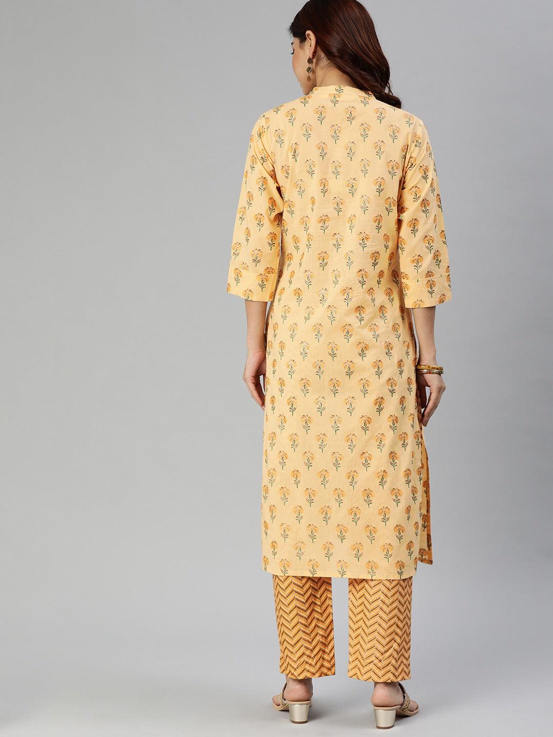  Yellow Flower Print Cotton Kurta Set -  world