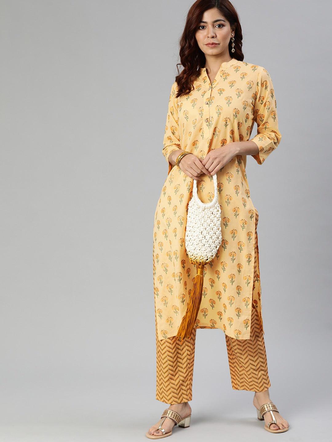  Yellow Flower Print Cotton Kurta Set -  world