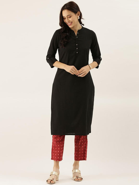  Black Solid Straight Roll up Kurti -  world