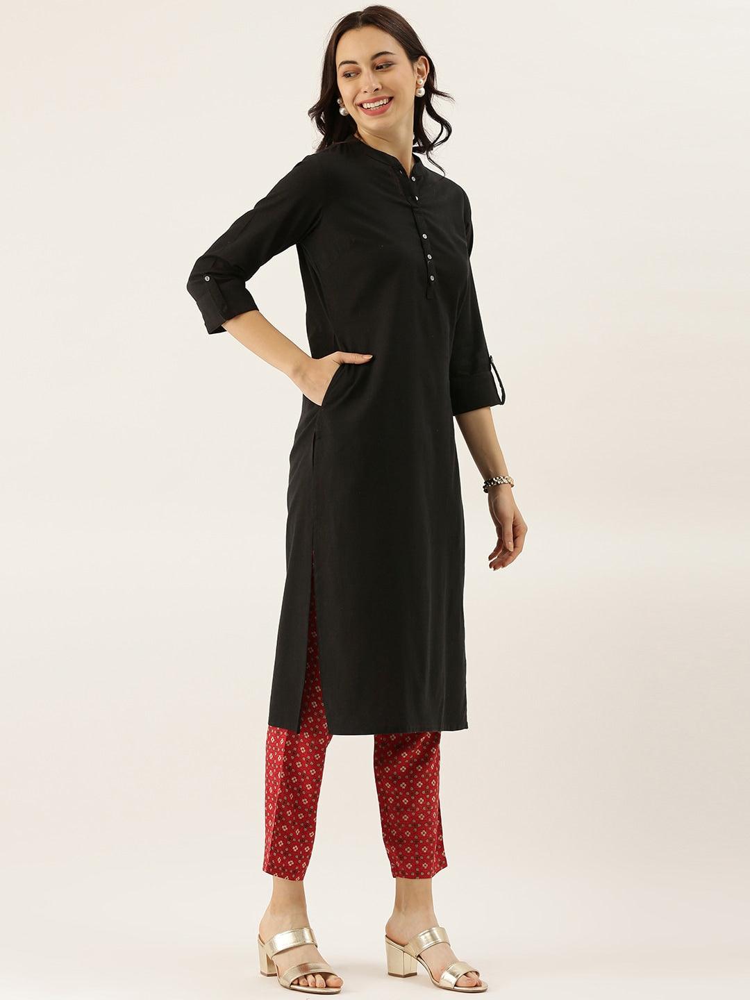  Black Solid Straight Roll up Kurti -  world