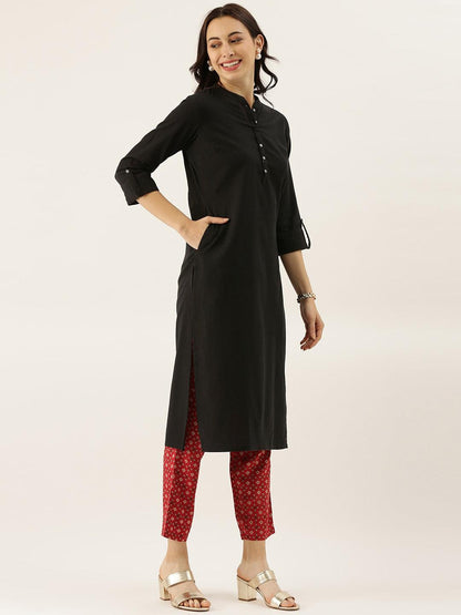  Black Solid Straight Roll up Kurti -  world