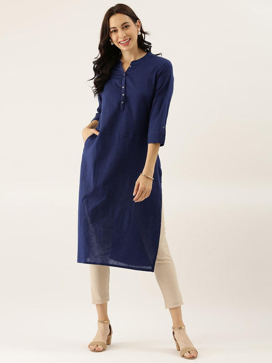  Blue Solid Straight Roll up Sleeve Kurti -  world