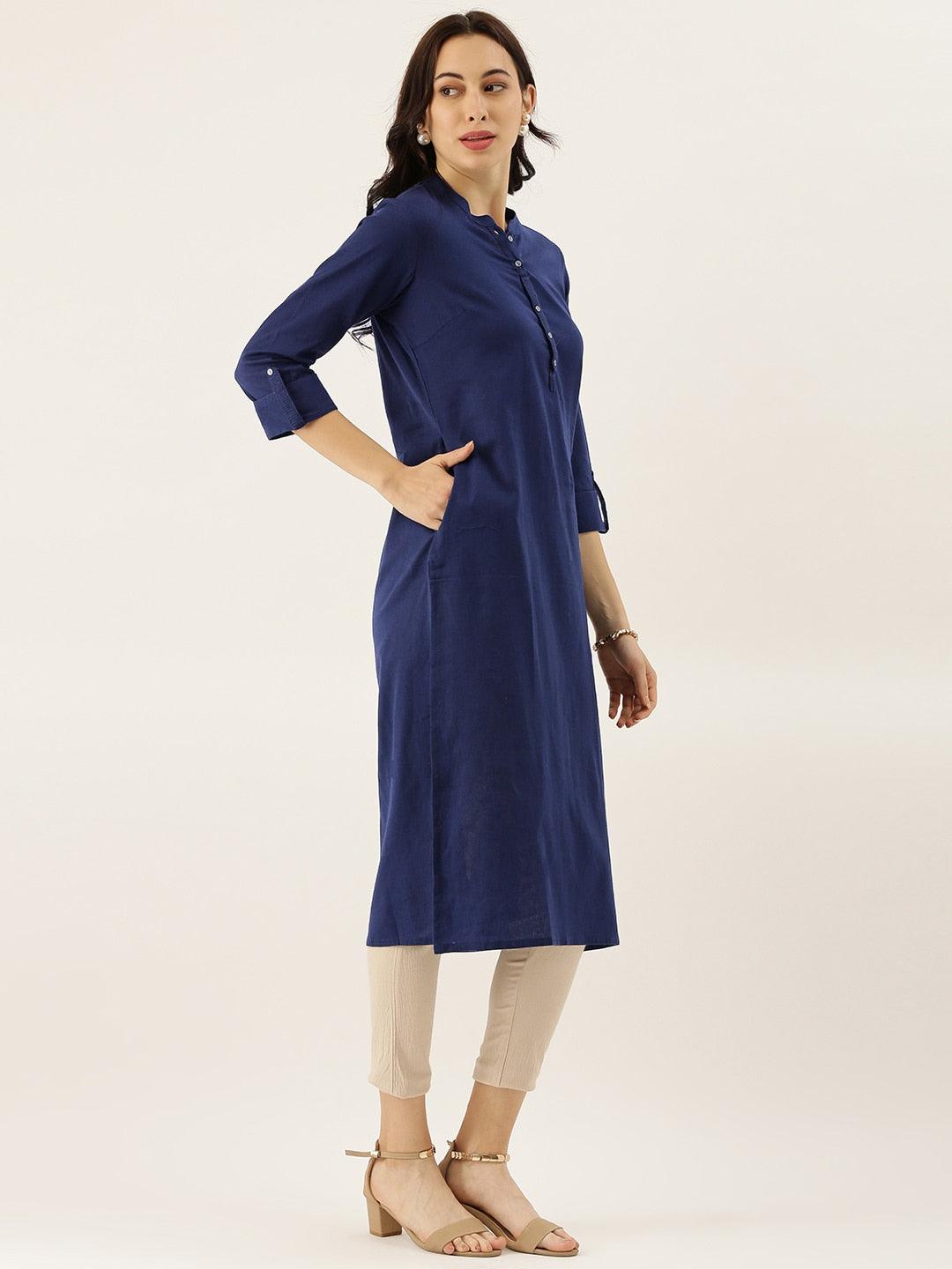  Blue Solid Straight Roll up Sleeve Kurti -  world