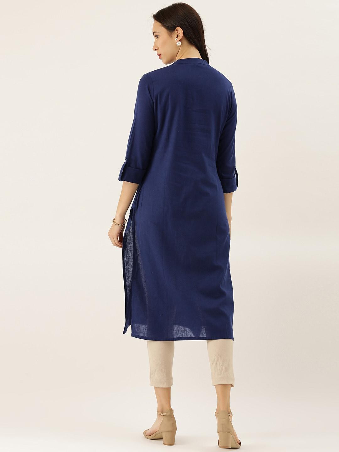  Blue Solid Straight Roll up Sleeve Kurti -  world