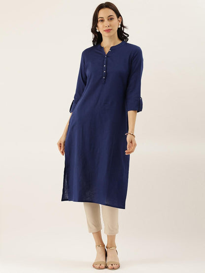  Blue Solid Straight Roll up Sleeve Kurti -  world