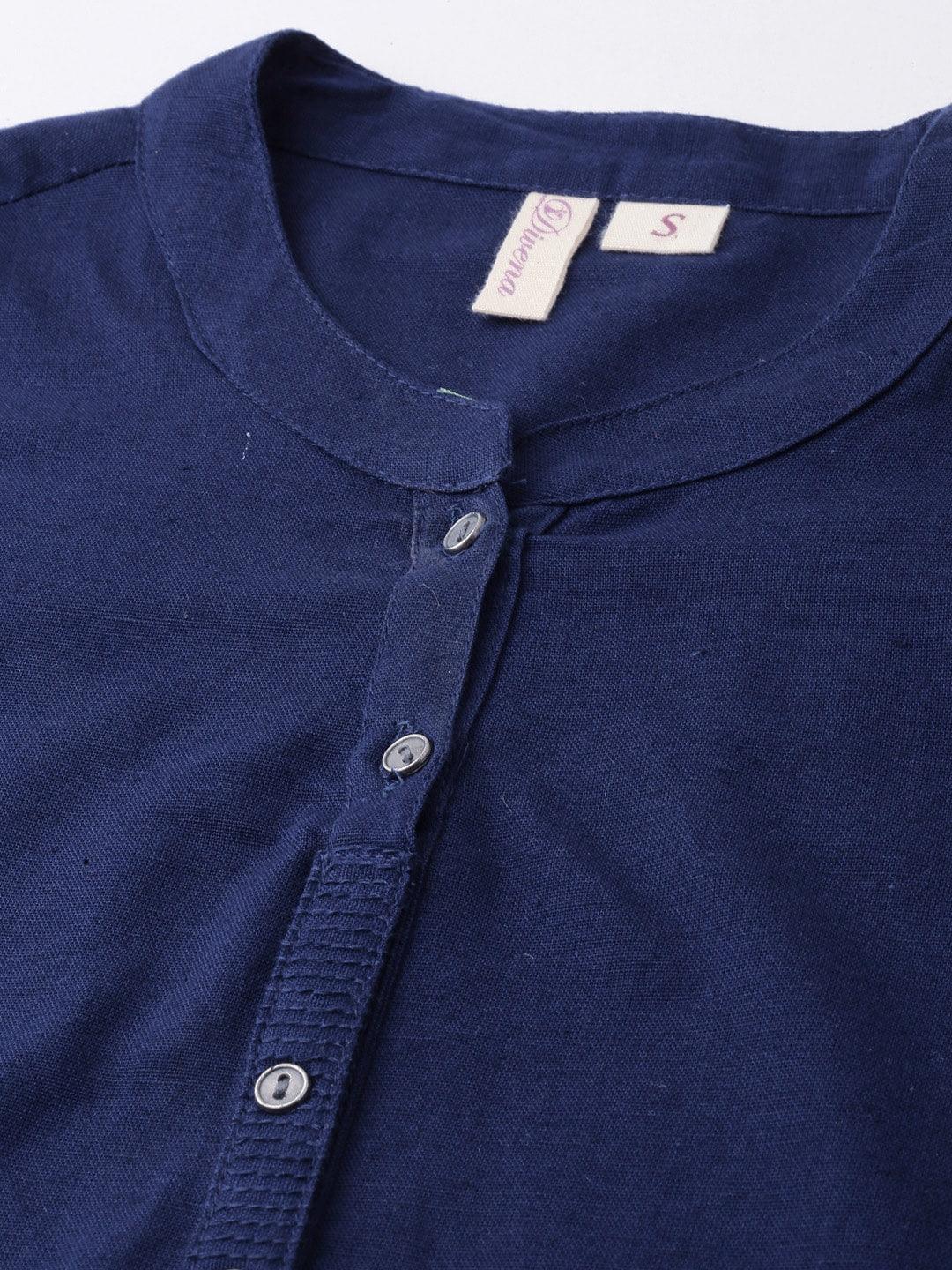  Blue Solid Straight Roll up Sleeve Kurti -  world